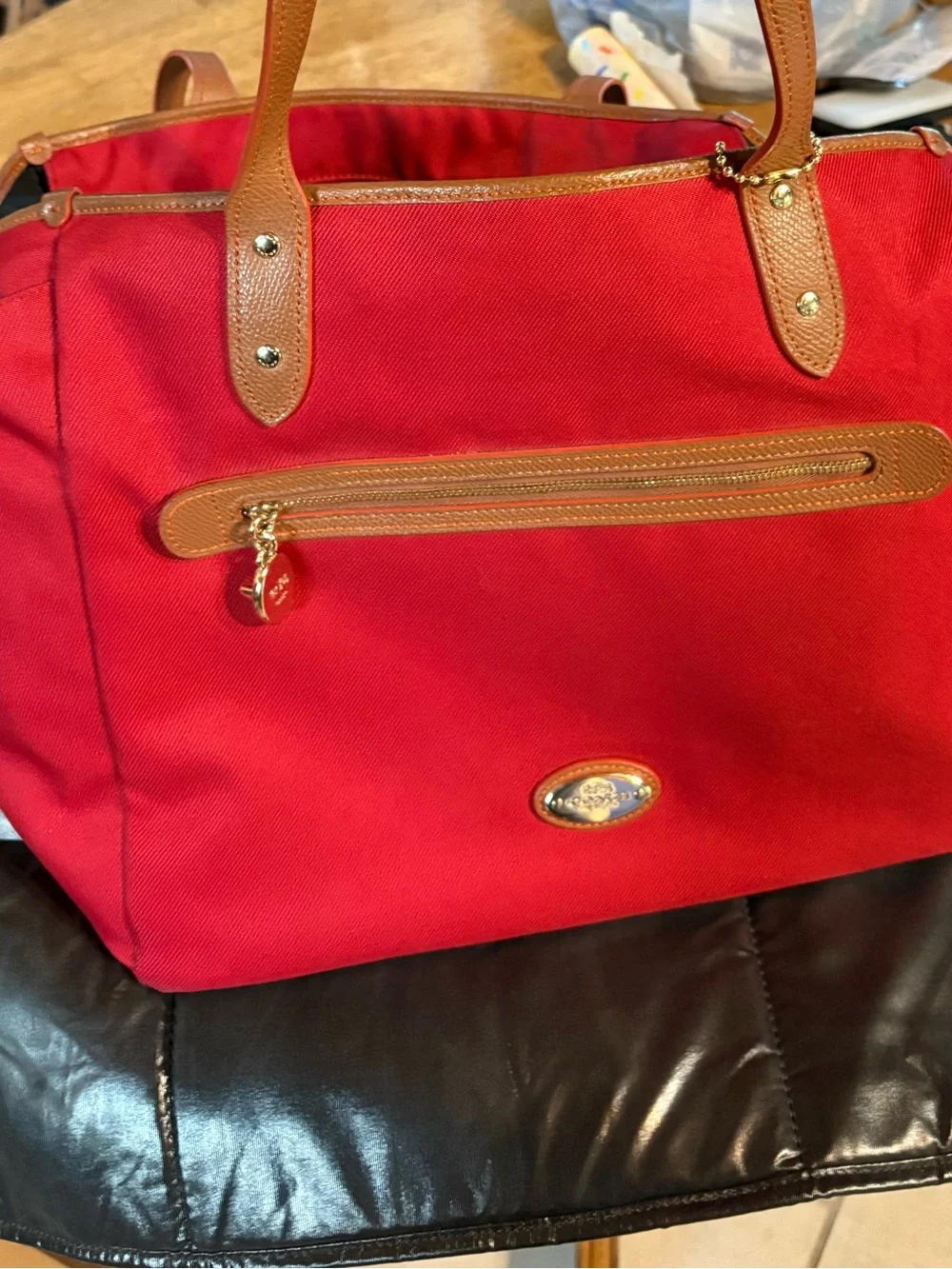 Coach Red Canvas Tote with Brown Leather Trim